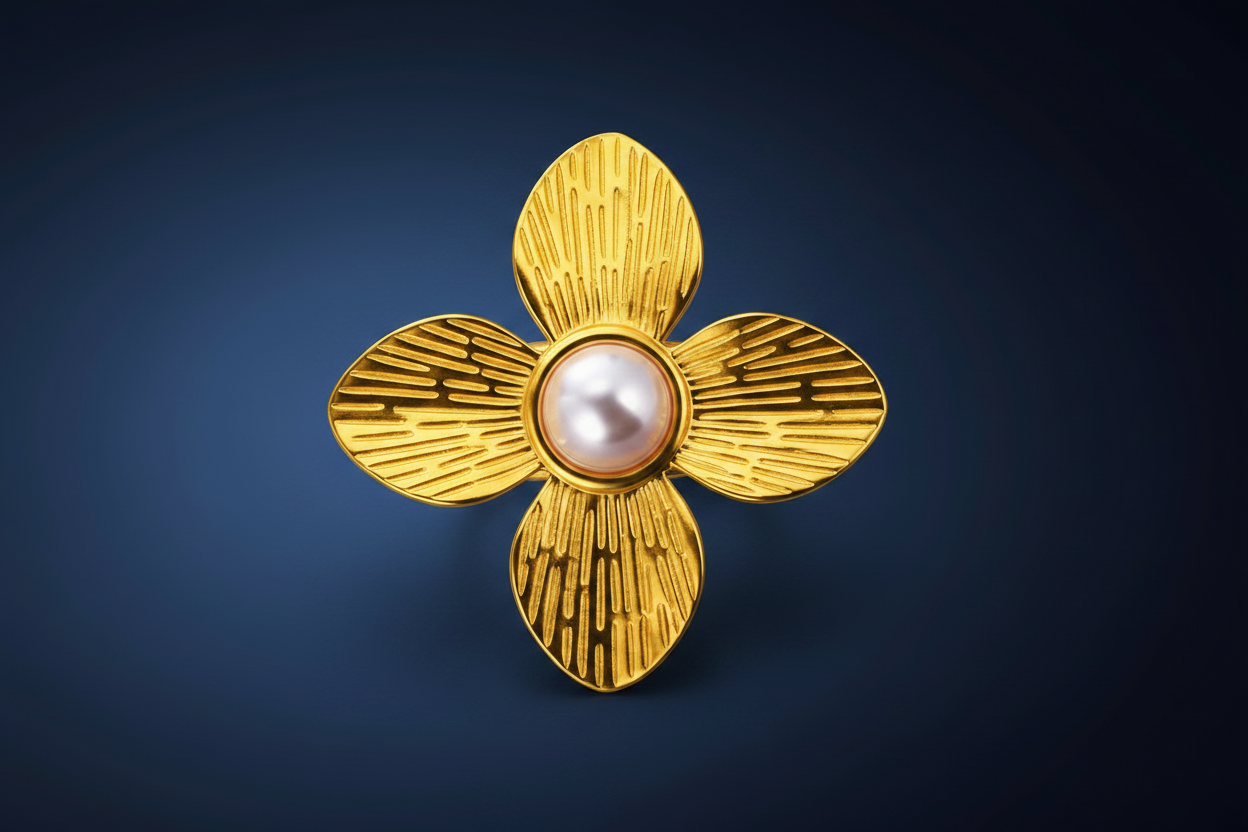 Gold flower-shaped brooch with a pearl center on a dark blue background