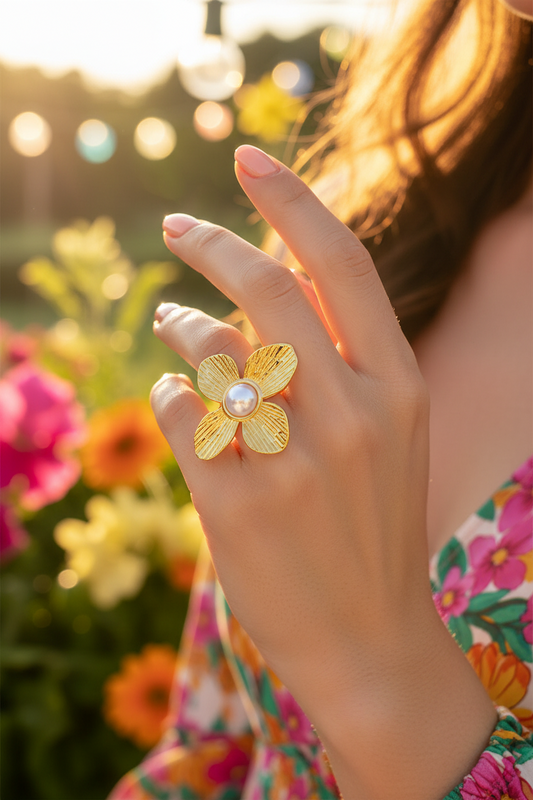 Hand wearing a gold flower-shaped ring with a pearl center against a blurred floral background