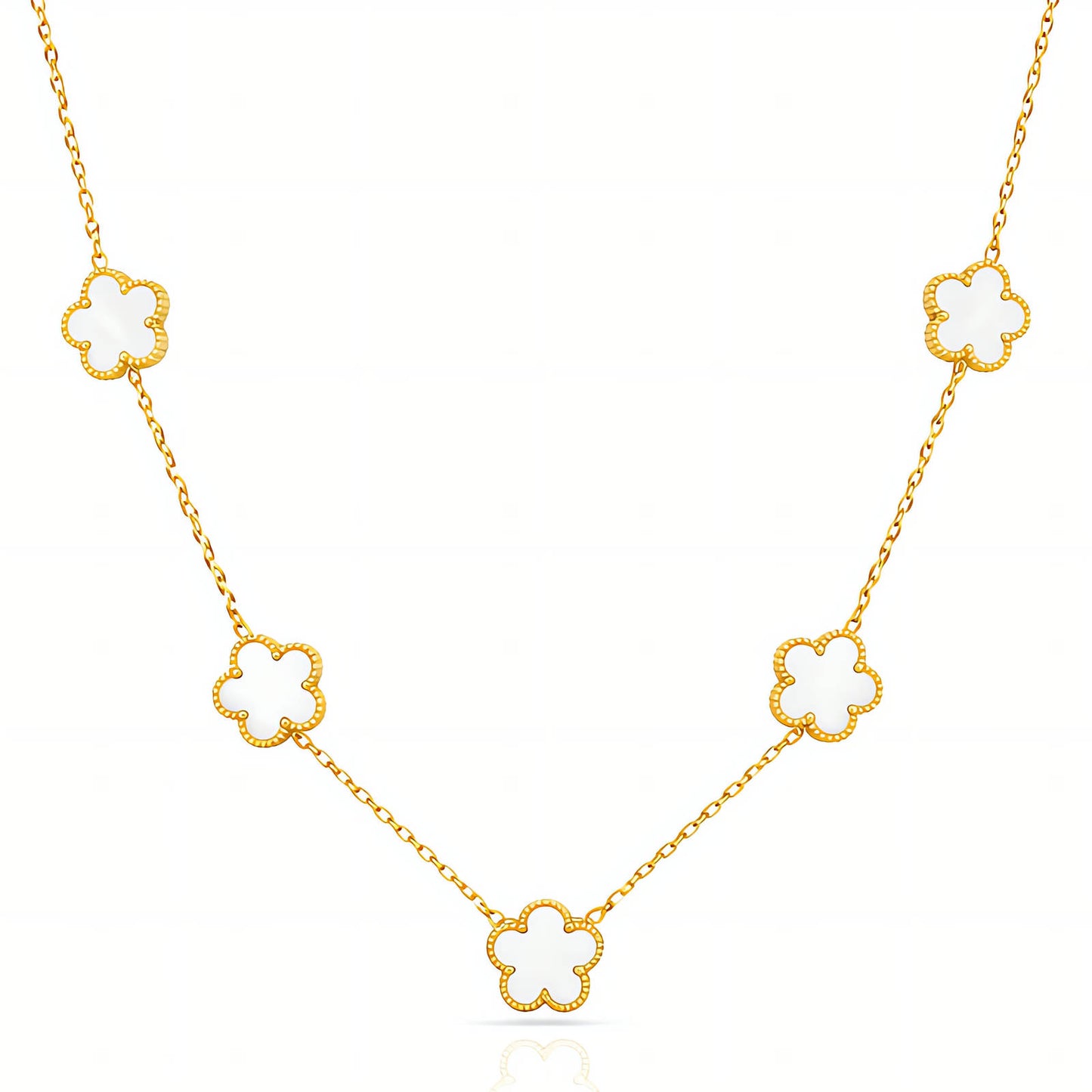 Gold necklace with clover-shaped pendants on a white background