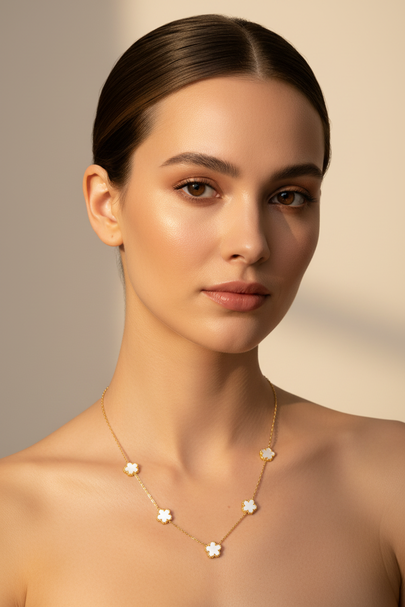 Woman wearing a delicate necklace with star-shaped pendants against a neutral background