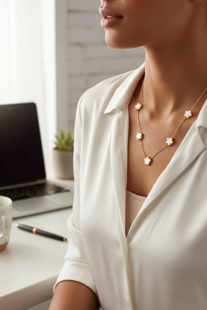 Woman wearing a necklace with a blurred background of a desk and laptop.