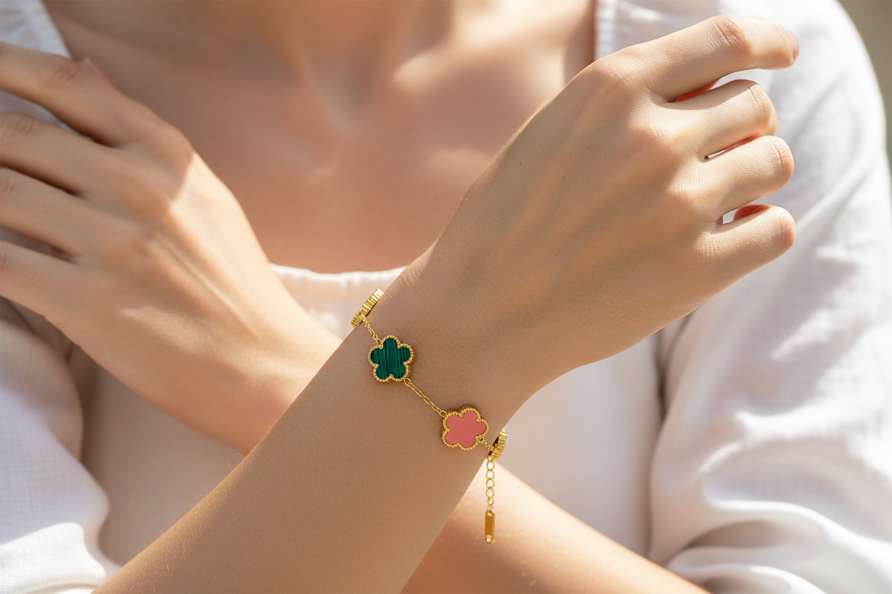 Close-up of a hand wearing a bracelet with a colorful flower charm on a light background