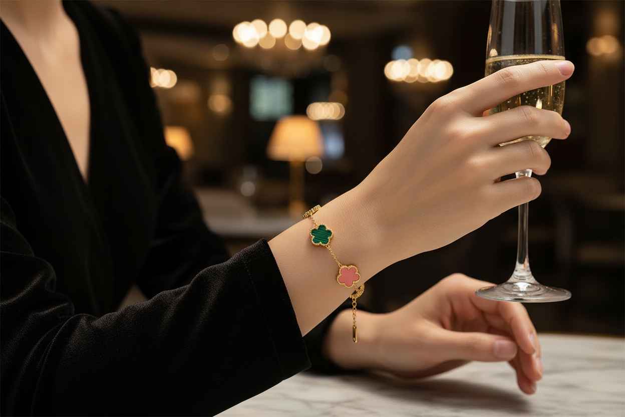 Person holding a glass of champagne with a bracelet featuring colorful charms.