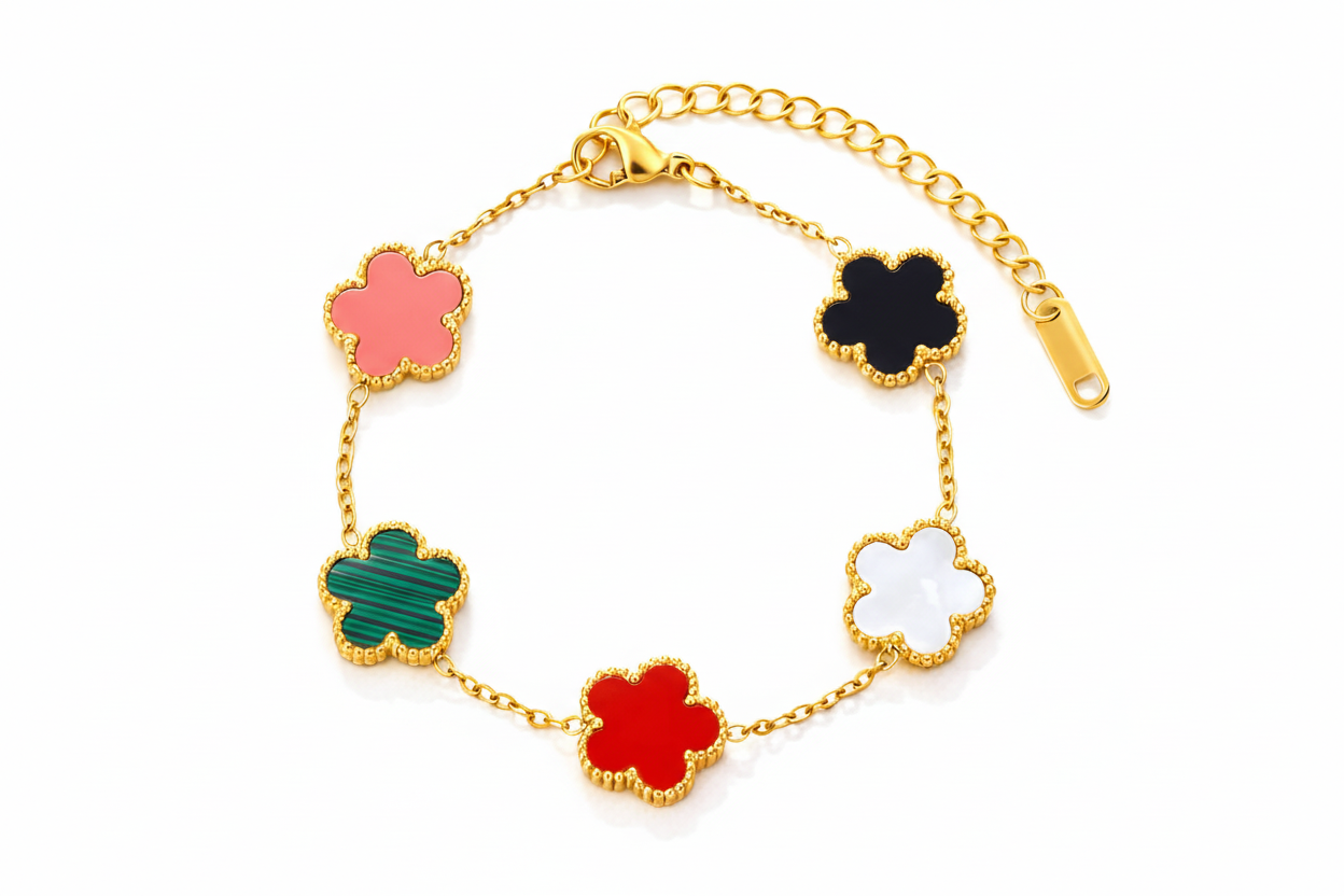 anti tarnish Gold plated bracelet with colorful five-leaf clover charms on a white background