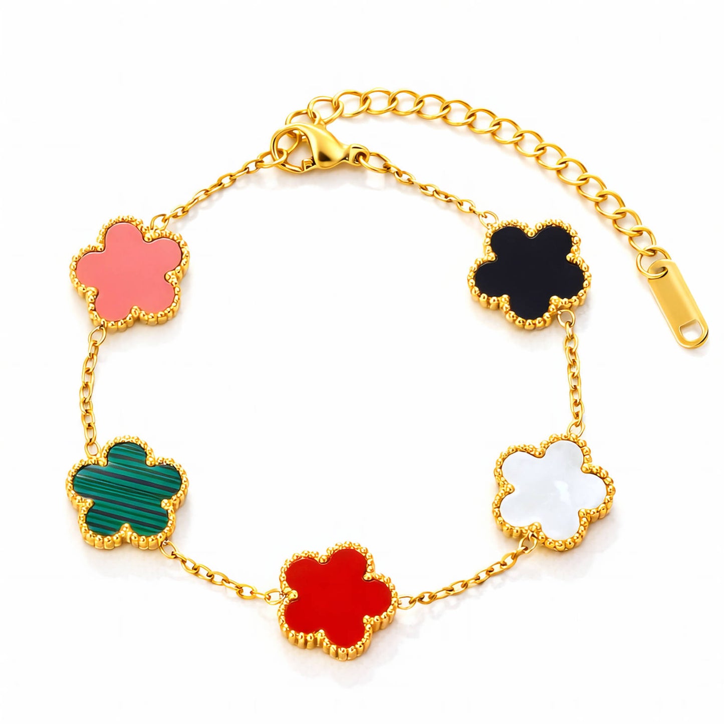 18k gold plated Gold bracelet with colorful flower-shaped charms on a white background