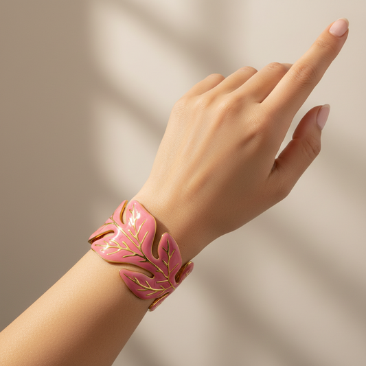 Botanical Leaf Enamel Cuff Bracelet 18K Gold Plated