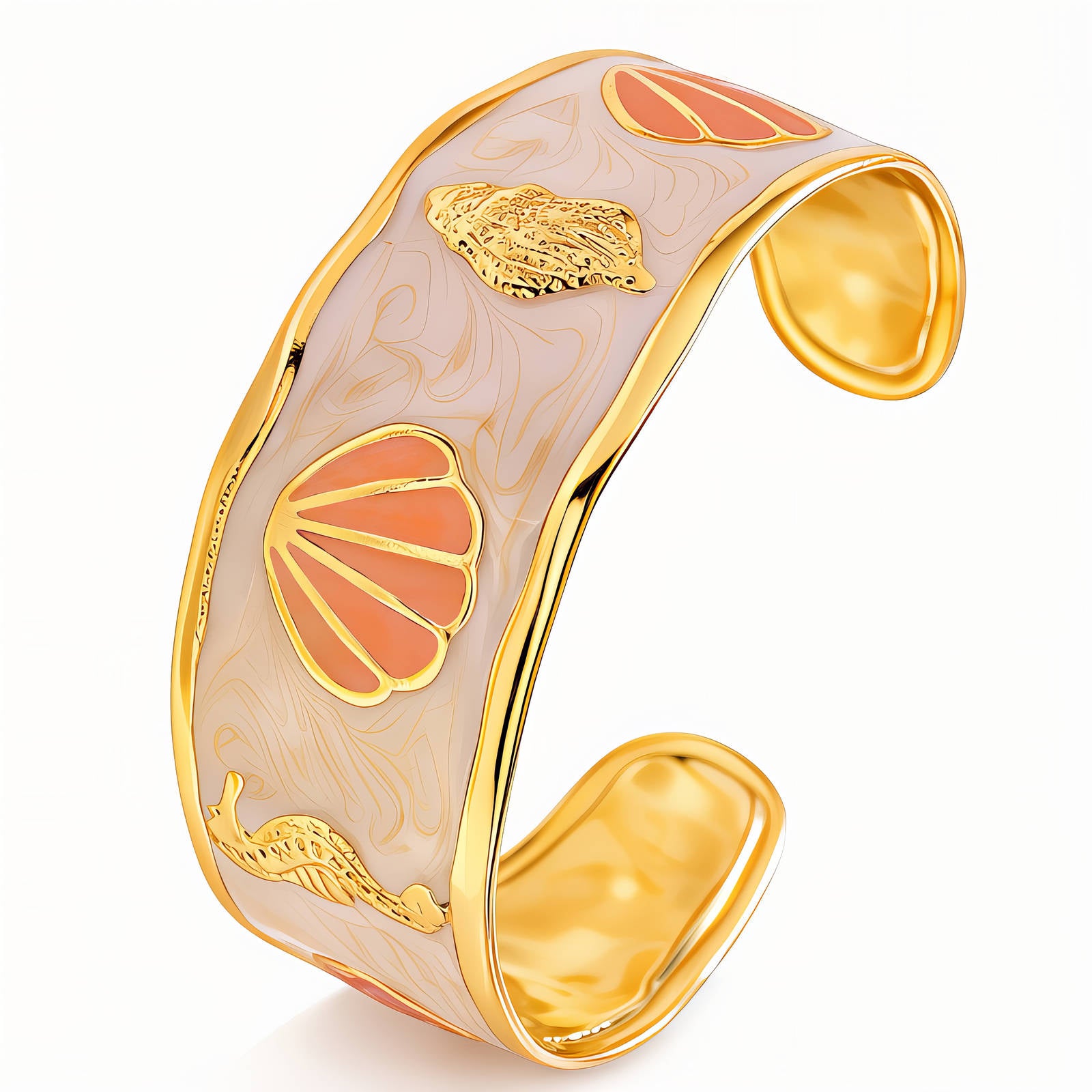 Gold bracelet with shell and leaf designs on a white background
