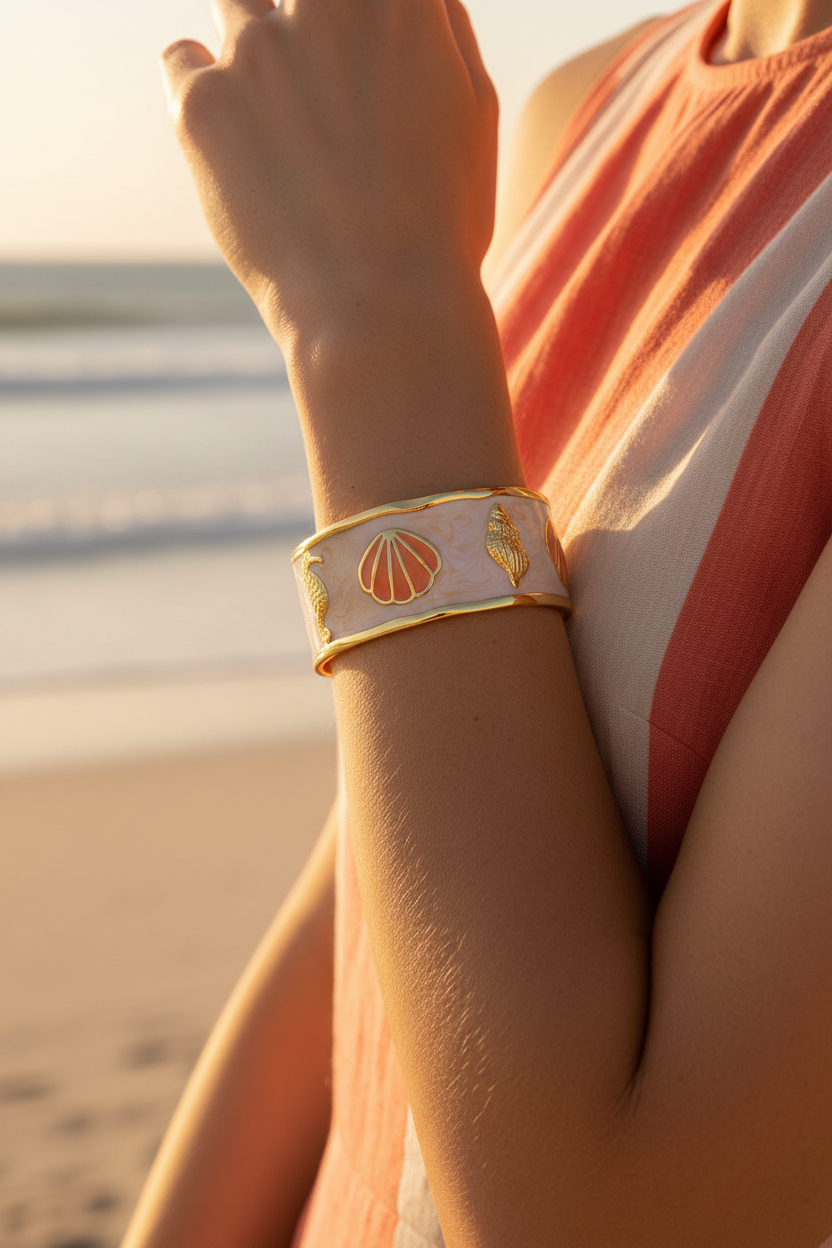 Person wearing a bracelet with shell design on a beach