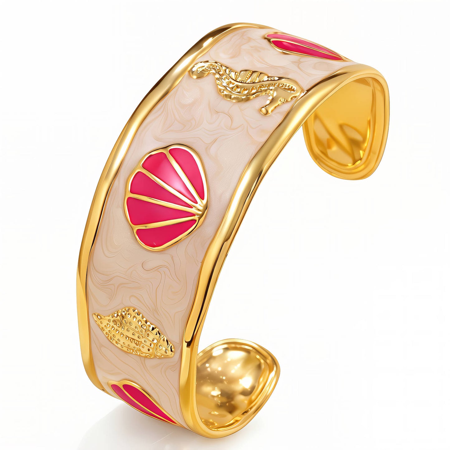 Seashell & Seahorse Enamel Cuff Bracelet 18K Gold Plated