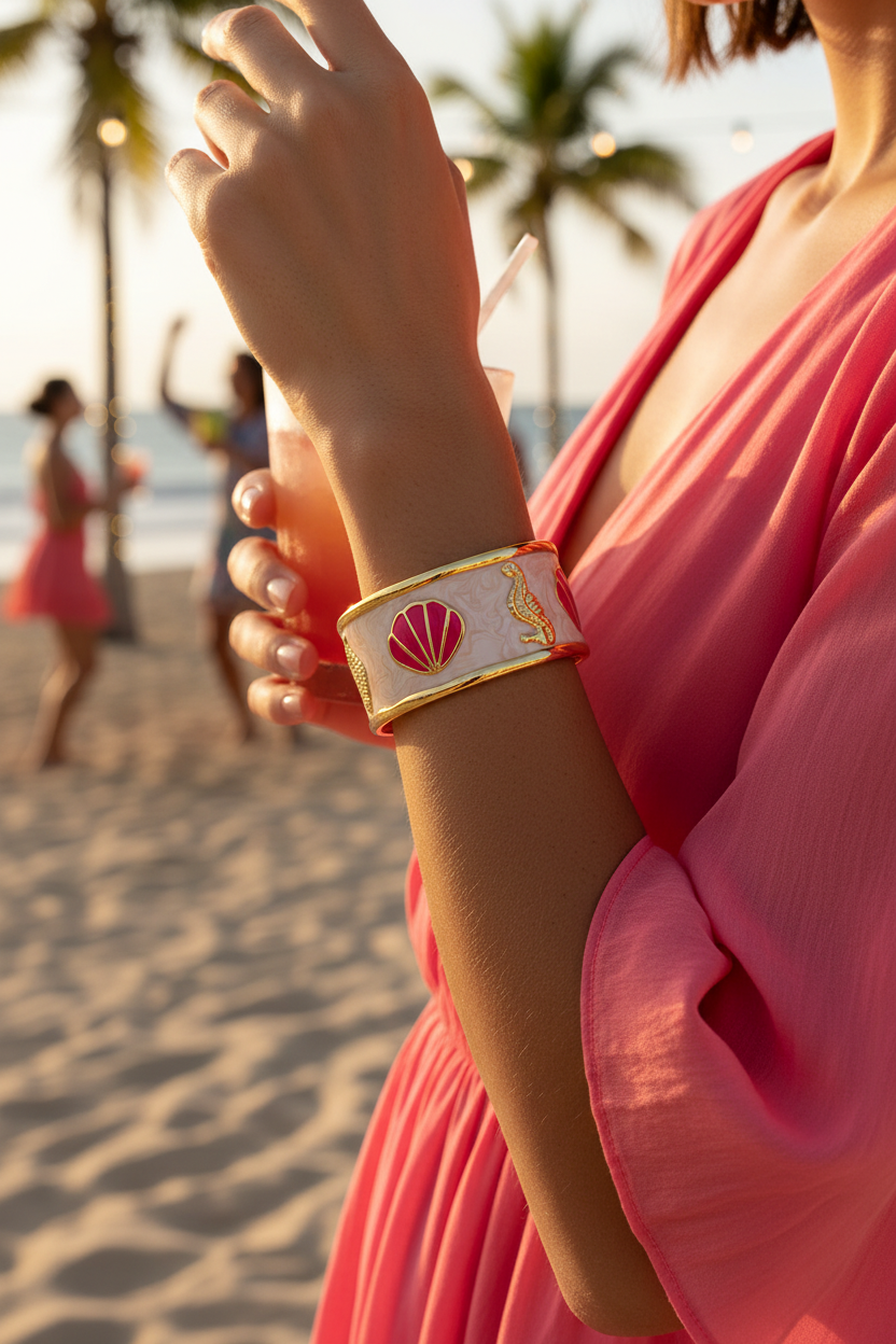 Seashell & Seahorse Enamel Cuff Bracelet 18K Gold Plated