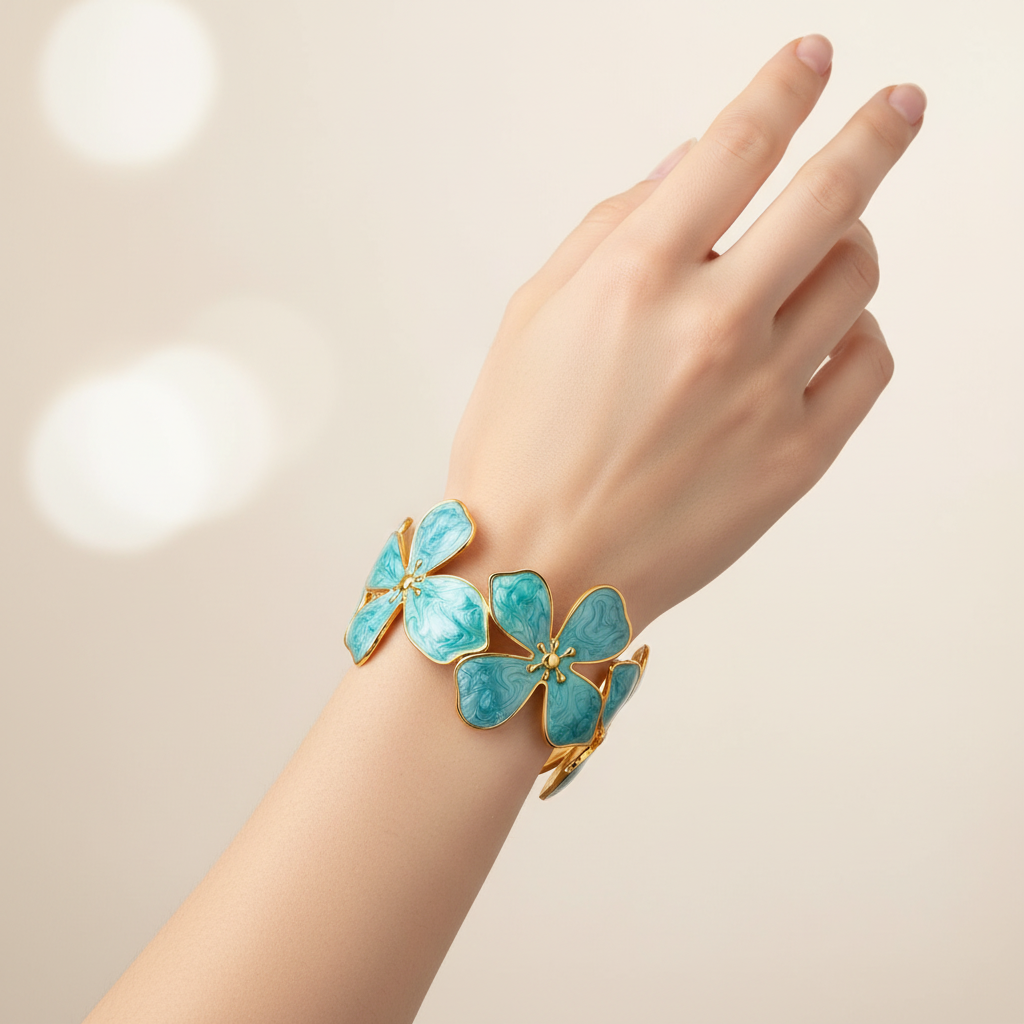Floral Enamel Cuff Bracelet 18K Gold Plated