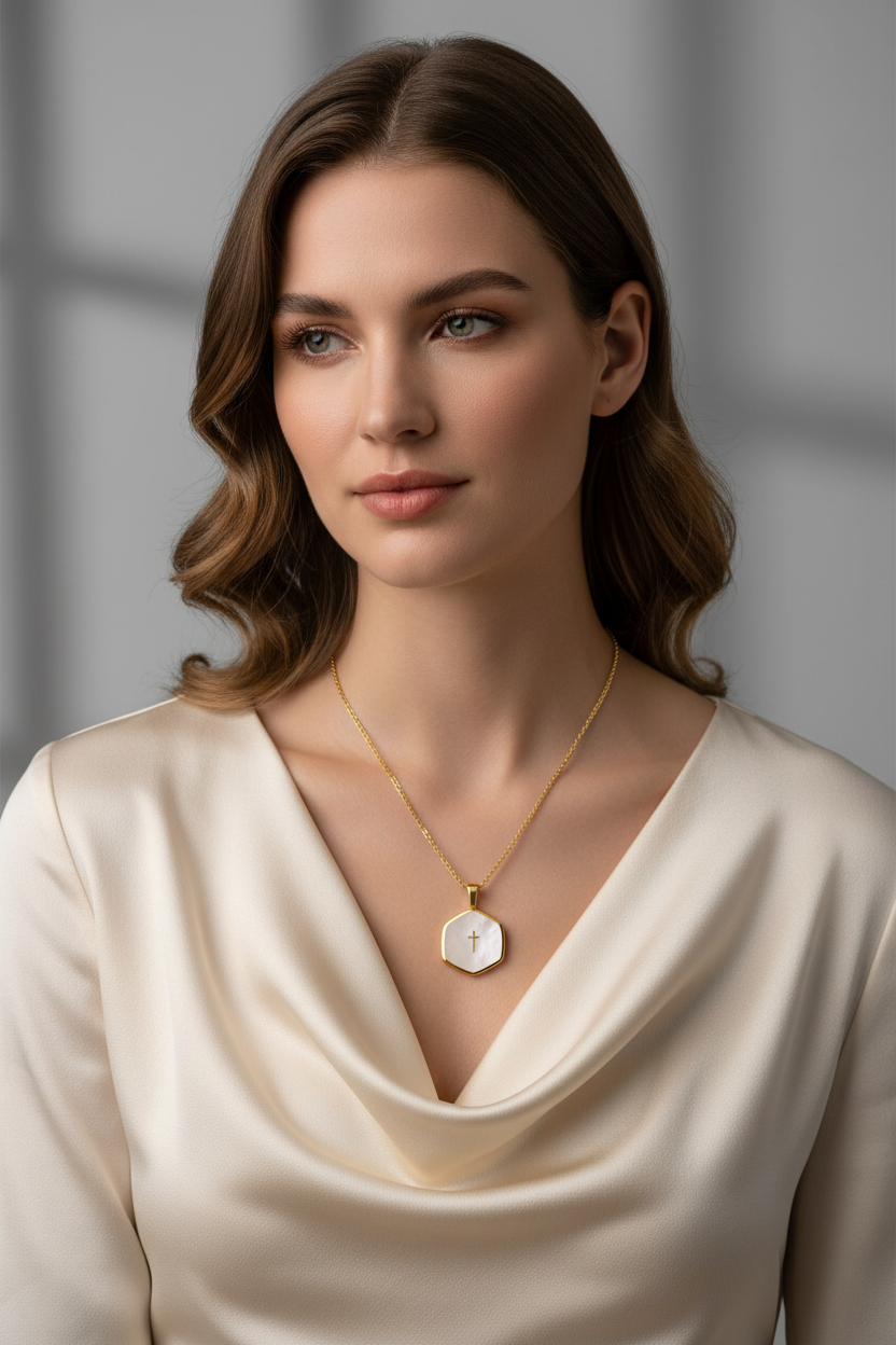 Woman wearing a gold necklace with a hexagonal pendant against a neutral background