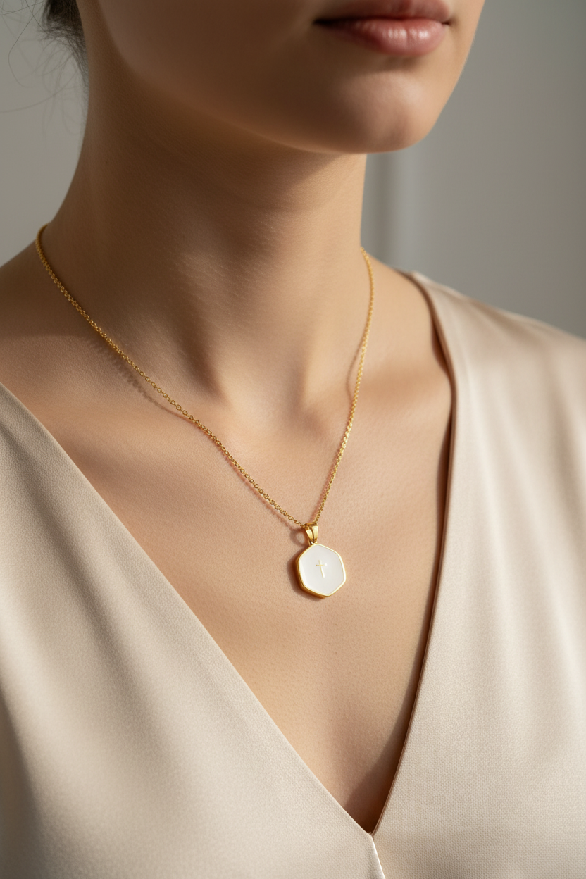 Close-up of a person wearing a gold necklace with a pendant on a neutral background