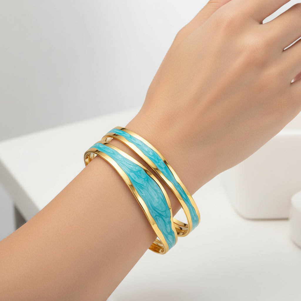 Triple Band Enamel Stripe Cuff Bracelet 18K Gold Plated