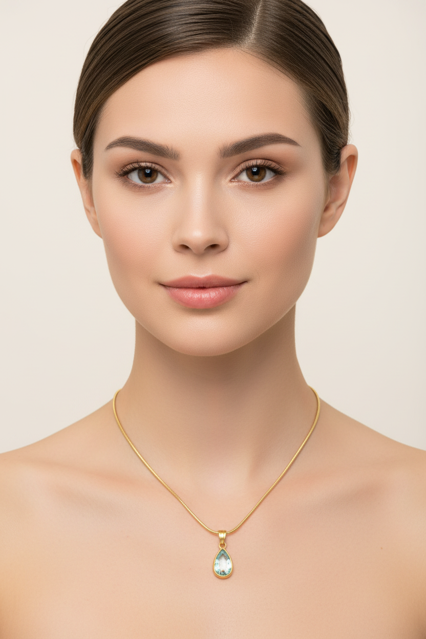 Teal Cat's Eye Teardrop Pendant Necklace | 18K Gold Plated | Omega Chain