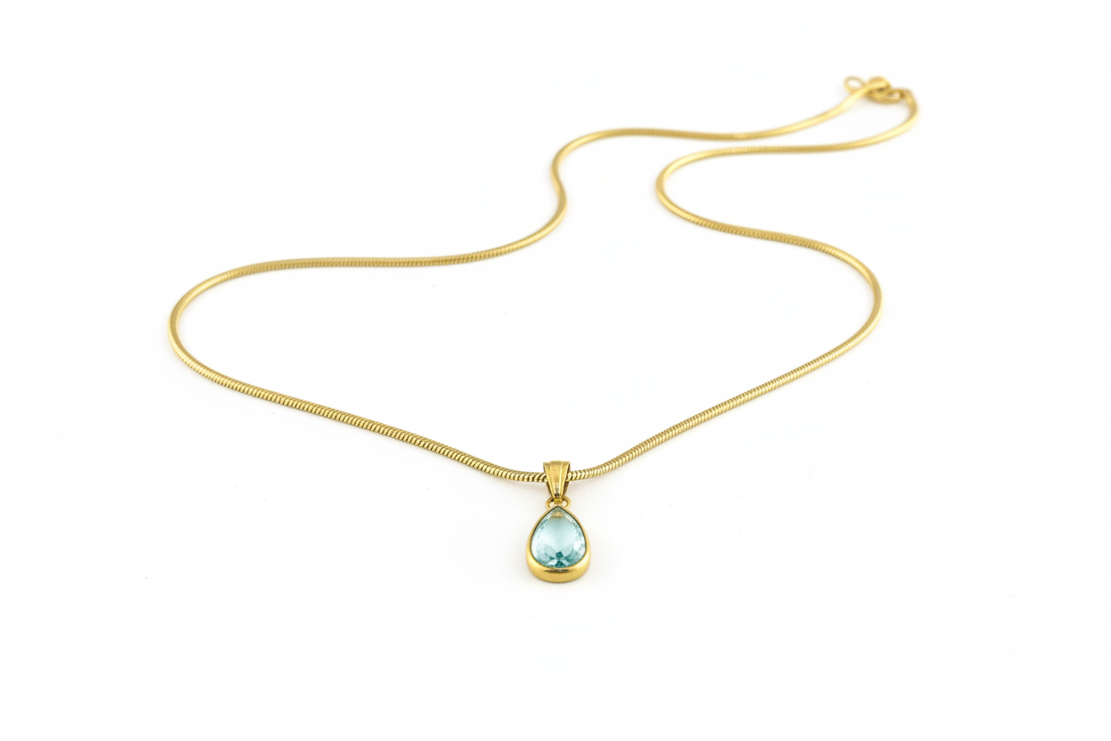 Teal Cat's Eye Teardrop Pendant Necklace | 18K Gold Plated | Omega Chain