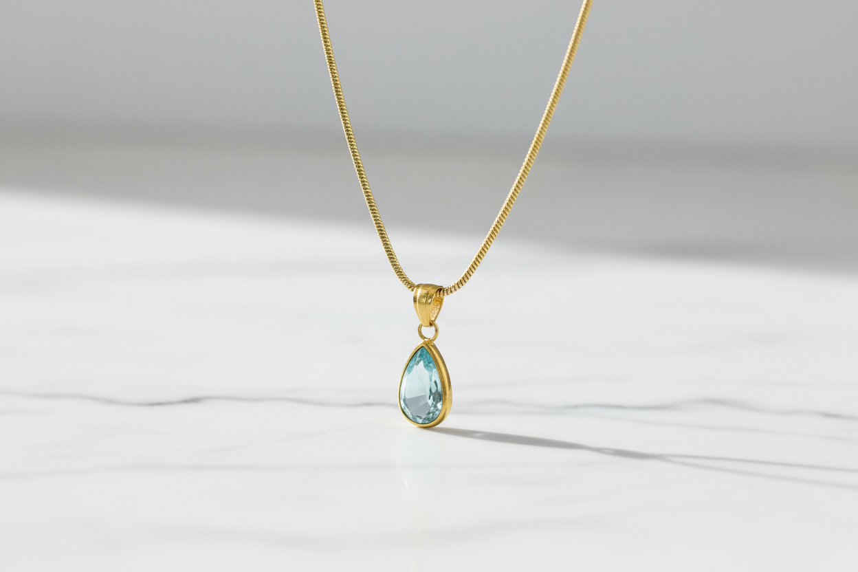 Teal Cat's Eye Teardrop Pendant Necklace | 18K Gold Plated | Omega Chain