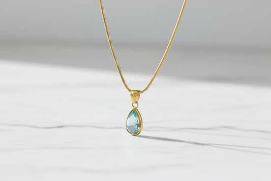Teal Cat's Eye Teardrop Pendant Necklace | 18K Gold Plated | Omega Chain