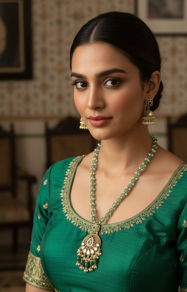 Woman wearing a green traditional outfit with gold jewelry indoors.