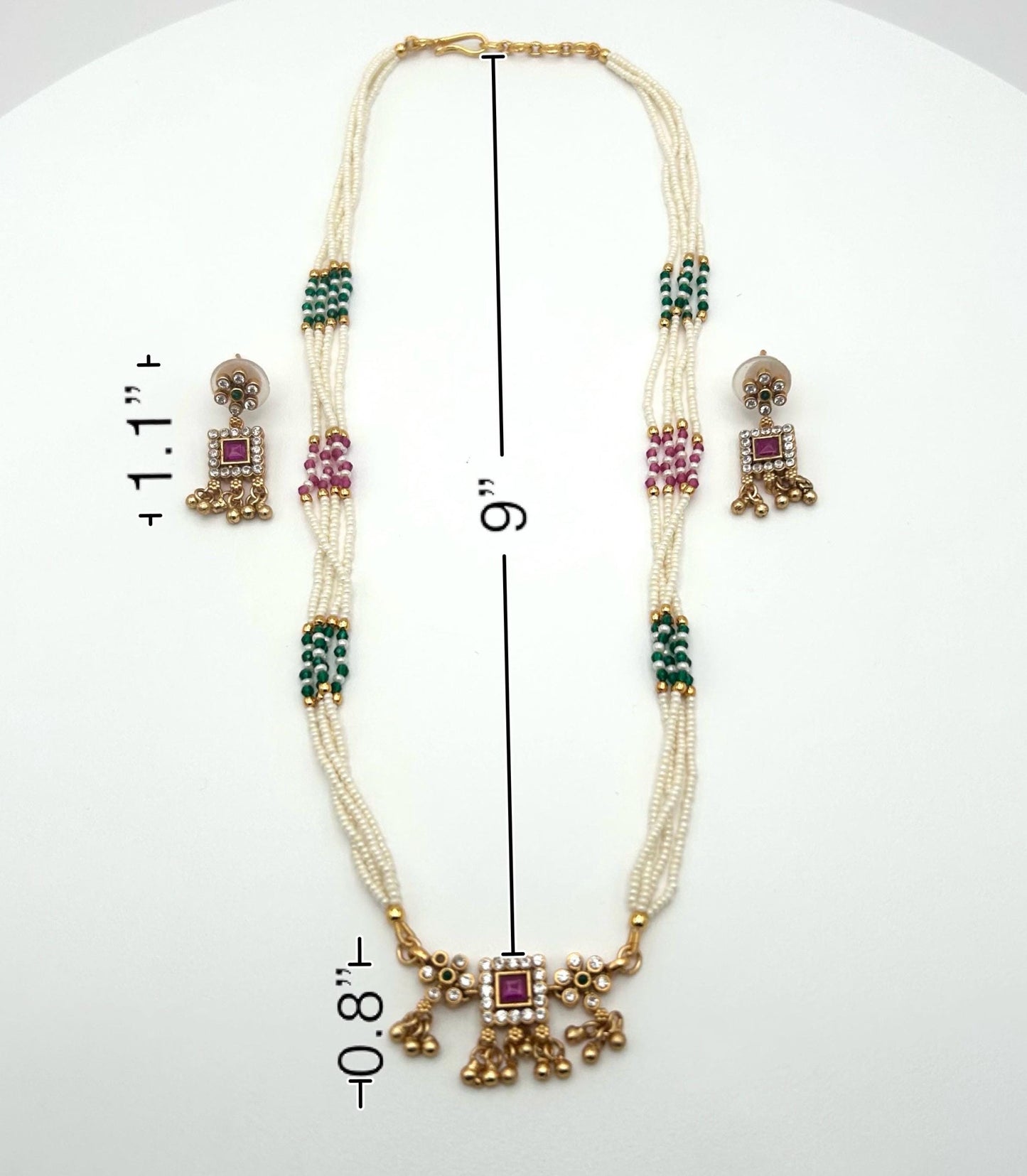 Delicate Pearl Necklace Set, Small Kundan Pendant, Festive Jewelry