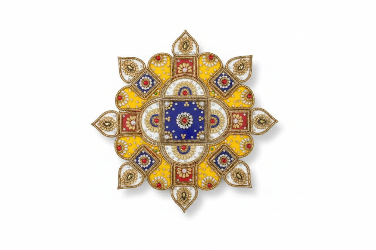 Decorative mandala with colorful patterns on a dark green background