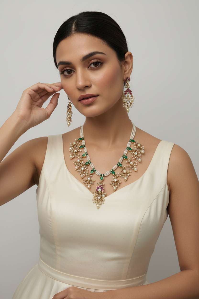 Woman wearing a necklace and earrings on a plain background