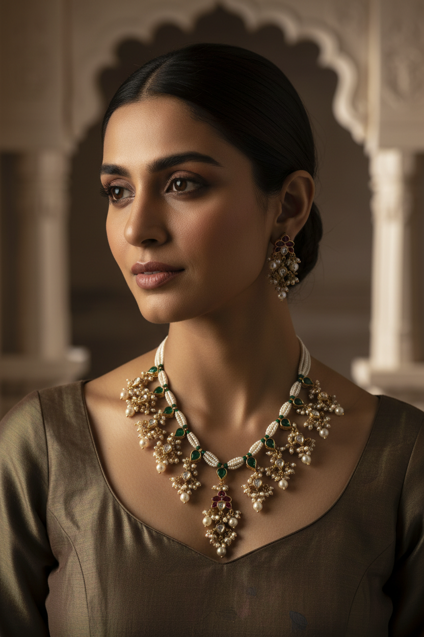 Woman wearing a detailed necklace and earrings in an ornate setting