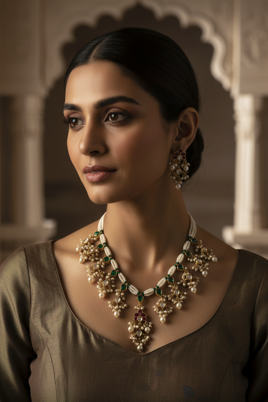 Woman wearing a detailed necklace and earrings in an ornate setting