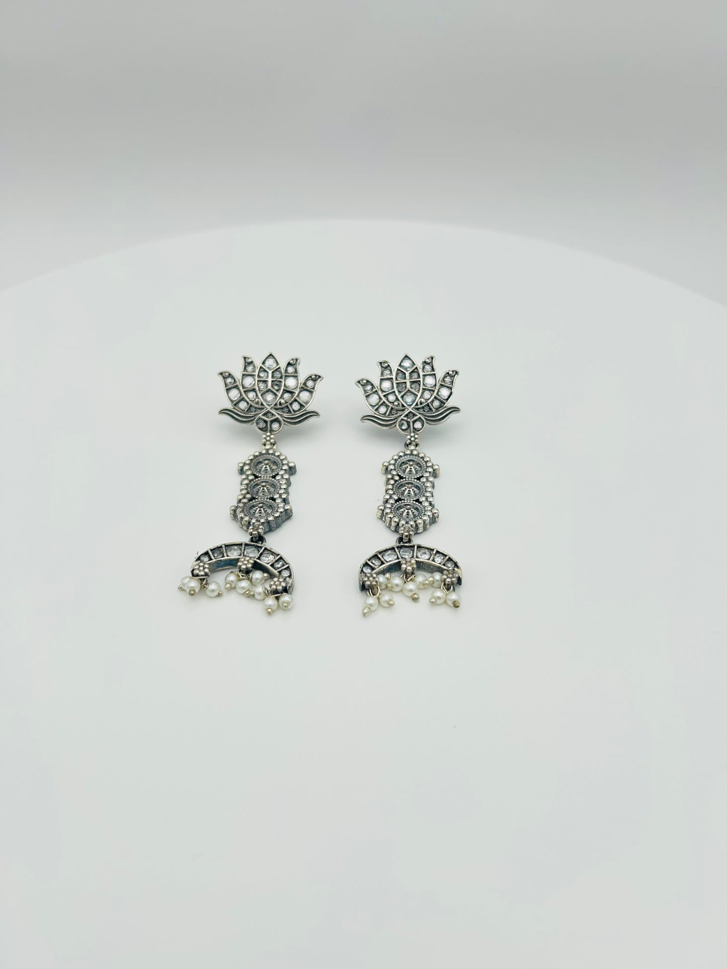 Lotus Temple Earrings with Pearl Drops - Oxidized Silver Chandbali