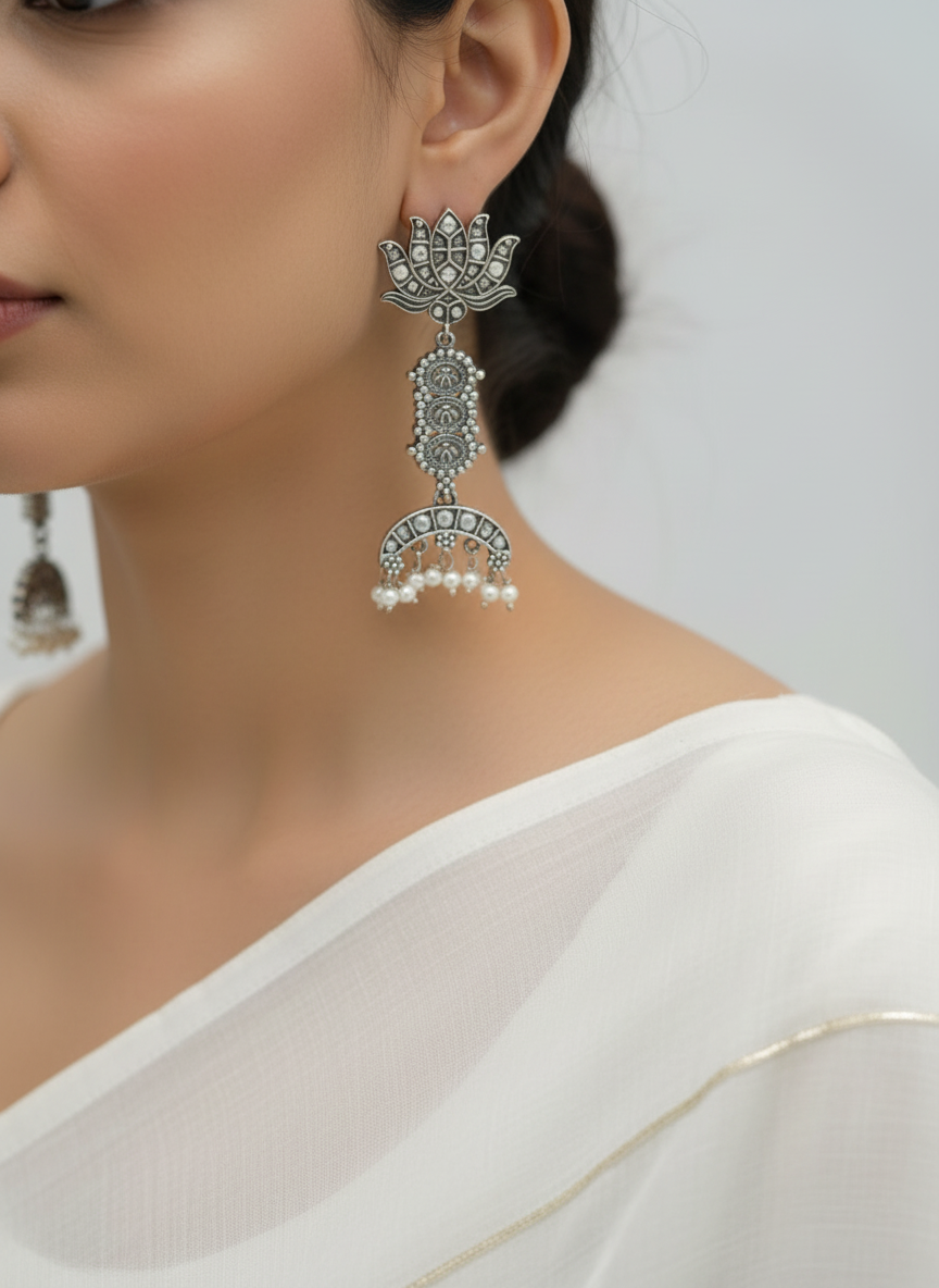 Lotus Temple Earrings with Pearl Drops - Oxidized Silver Chandbali
