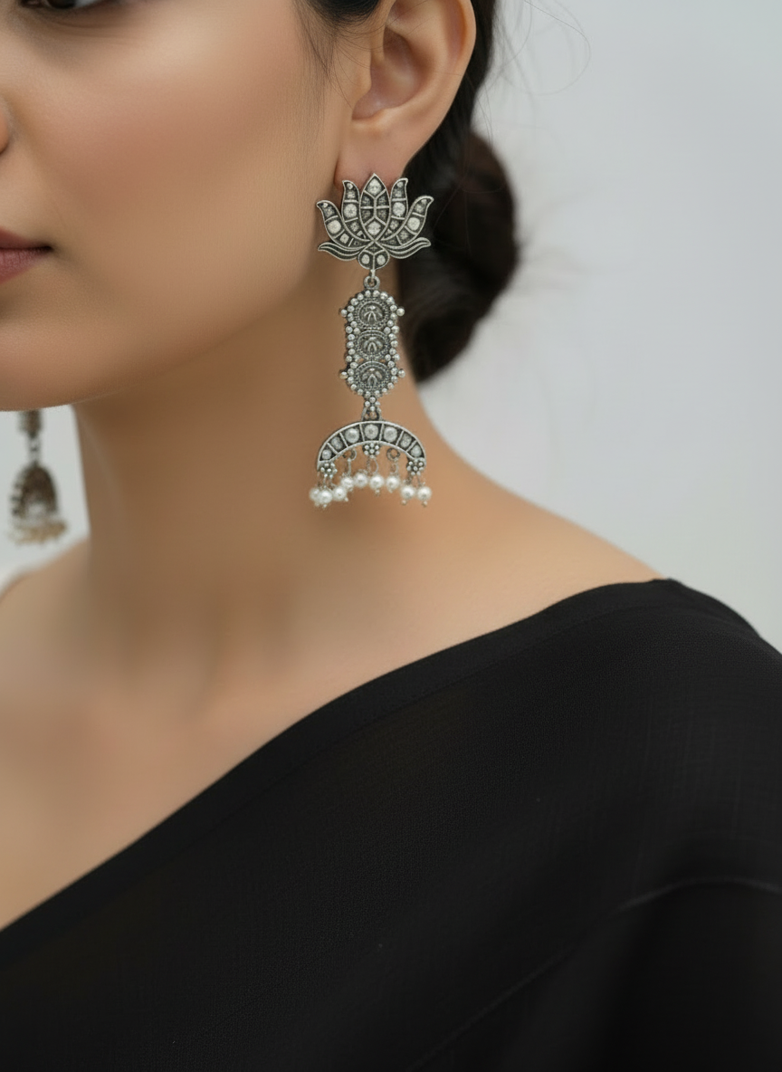Lotus Temple Earrings with Pearl Drops - Oxidized Silver Chandbali
