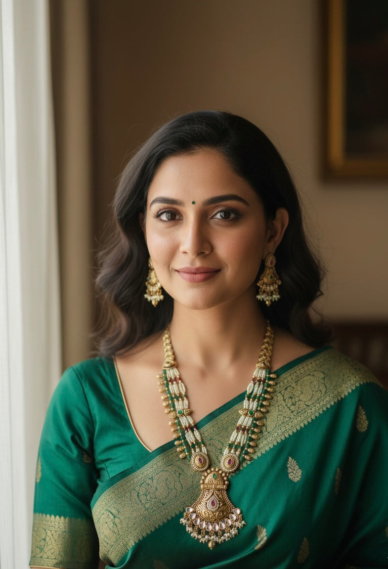 Antique Gold Temple Jewelry Long Necklace Set with Chandbali Earrings