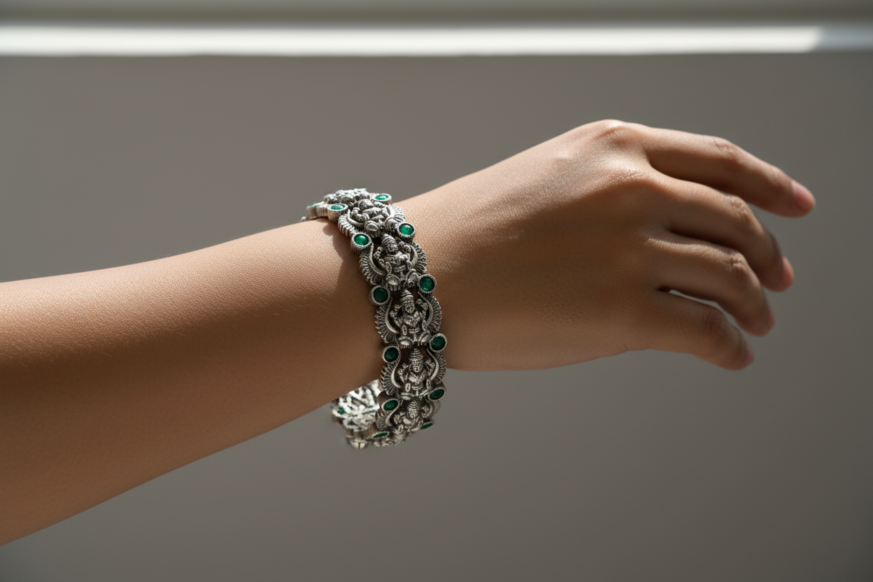 Temple Kada Oxidized Silver Goddess Lakshmi Green Stone Openable Bangle Indian Bridal Jewelry