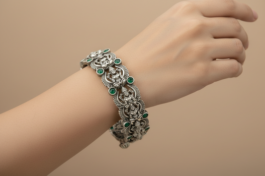 Temple Kada Oxidized Silver Goddess Lakshmi Green Stone Openable Bangle Indian Bridal Jewelry