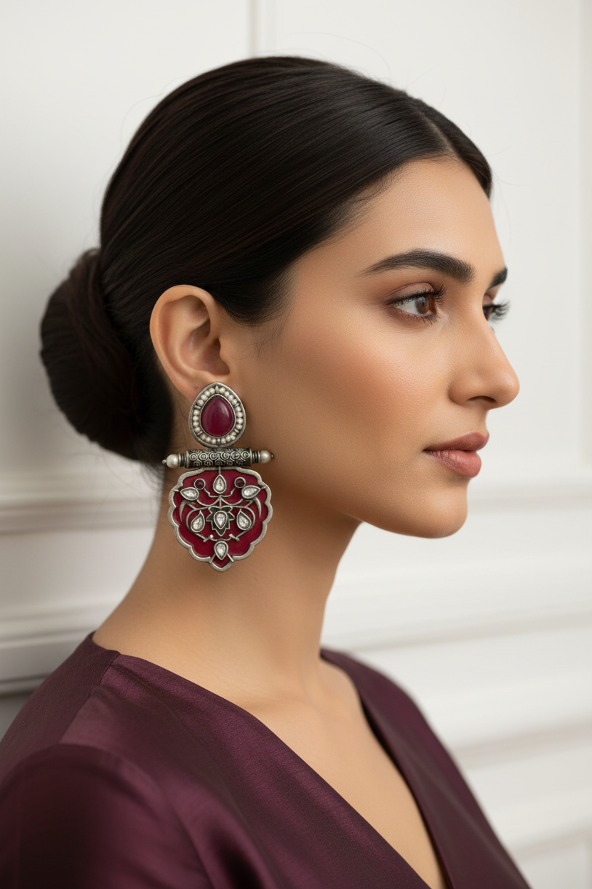 Woman wearing a large, ornate earring with a red gemstone against a neutral background