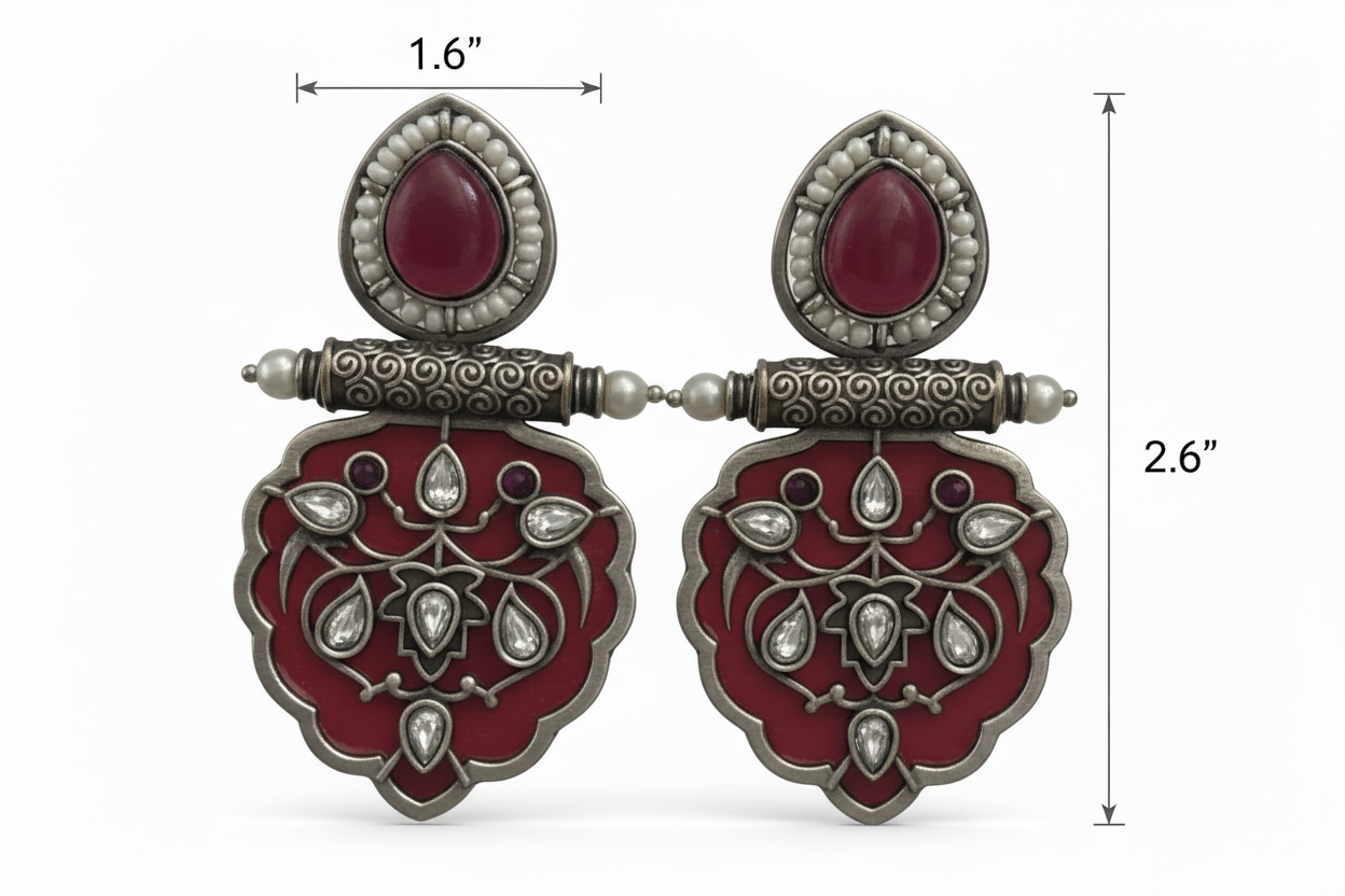 Red Polki Temple Earrings Oxidized Silver Statement Earrings