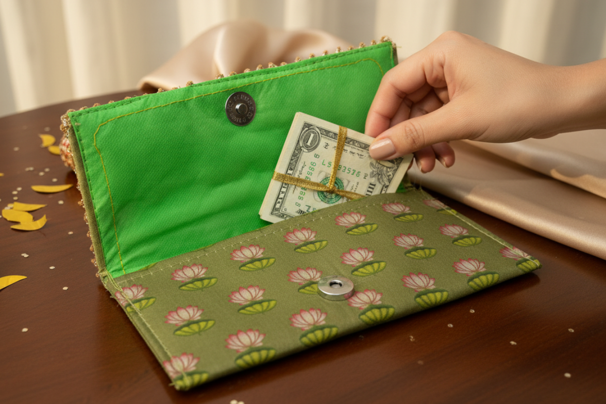 Green fabric wallet with floral pattern on a white background