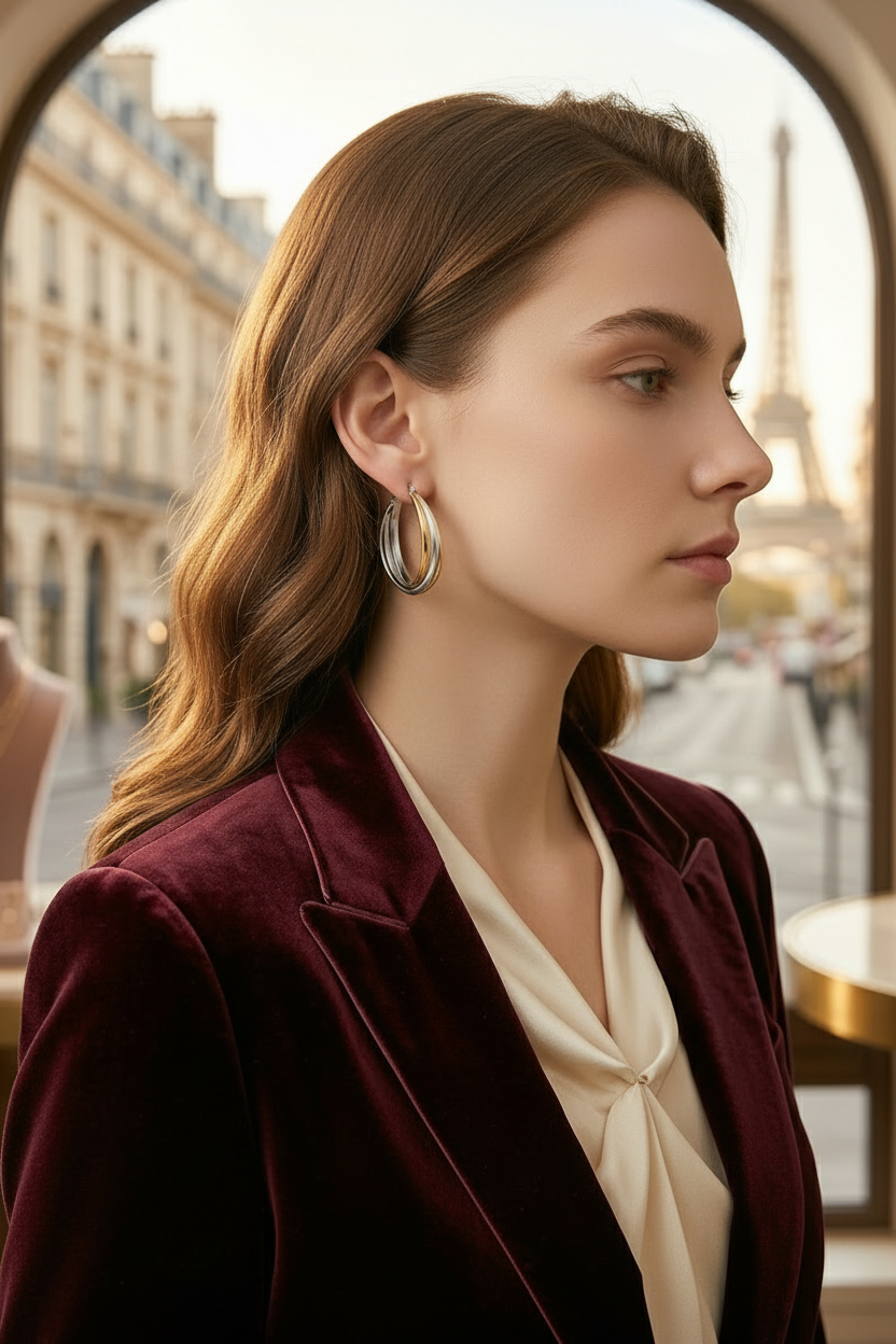 Woman wearing hoop earrings with a blurred cityscape background