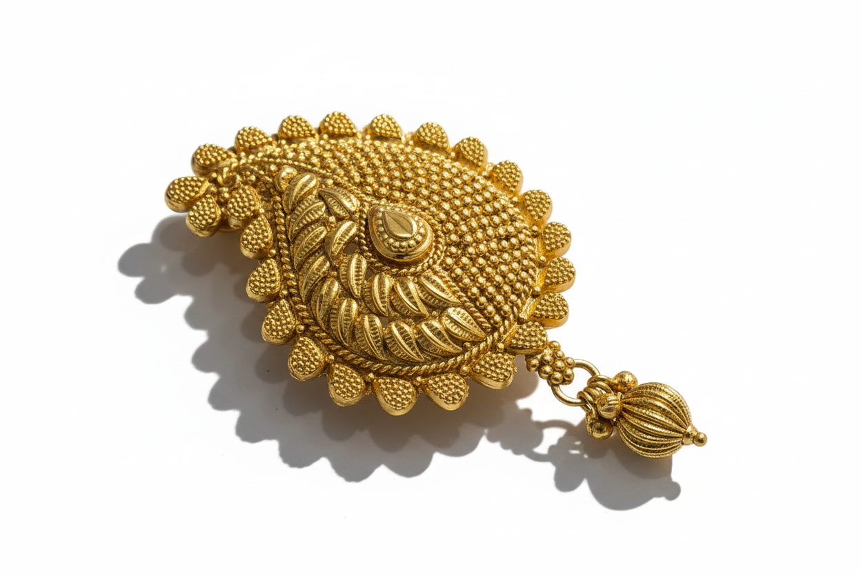 Gold brooch with intricate design on a white background