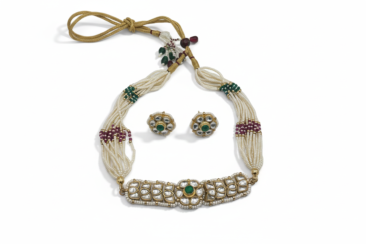 Pearl & Green Stone Temple Choker Necklace Set with Matching Earrings - Traditional Bridal Jewelry