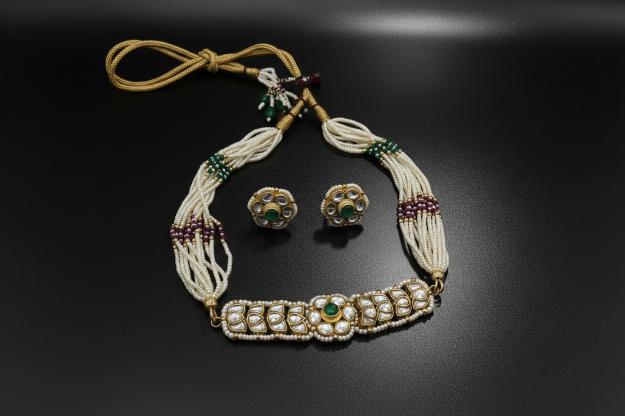 Pearl & Green Stone Temple Choker Necklace Set with Matching Earrings - Traditional Bridal Jewelry