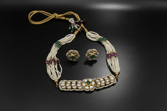 Traditional Multi Pearls layered kundan Choker Necklace Set with Matching Earrings