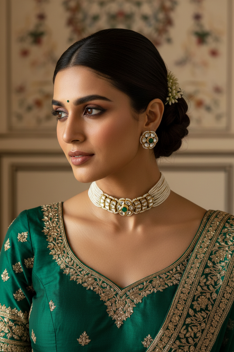 Woman wearing traditional green and gold attire with jewelry, set against a decorative wall.