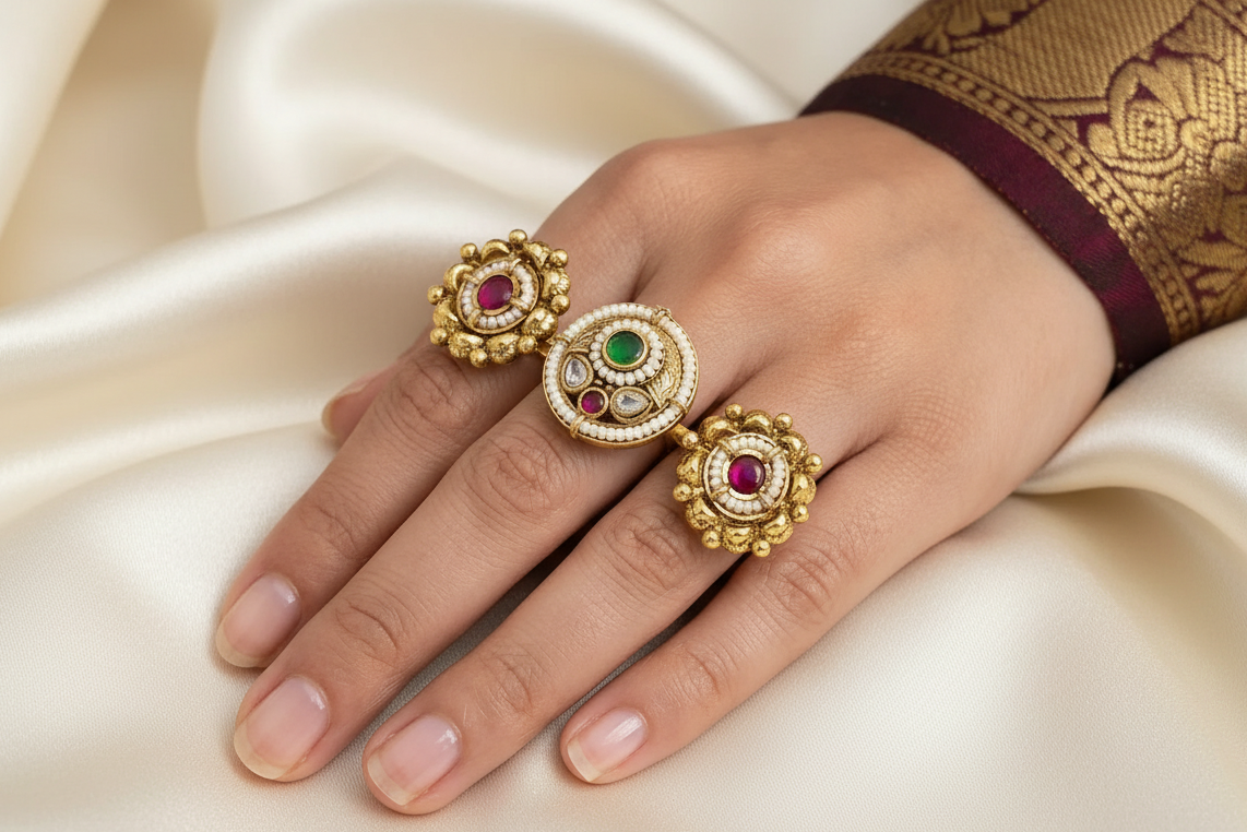 Gold two finger ring with gemstones on a hand against a green background