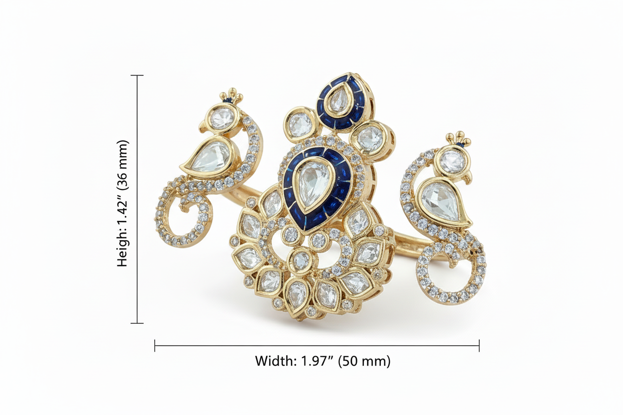 Gold plated kundan ring and blue peacock-shaped ring with measurements on a white background