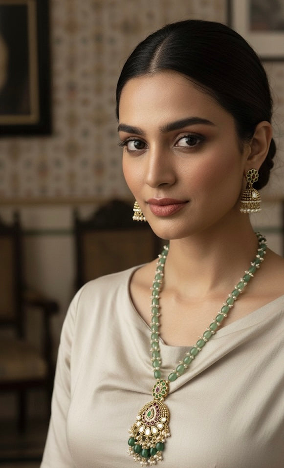 Woman wearing a green and gold necklace with earrings in an indoor setting