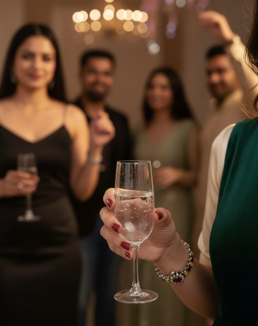 Person holding a glass of water with blurred people in the background
