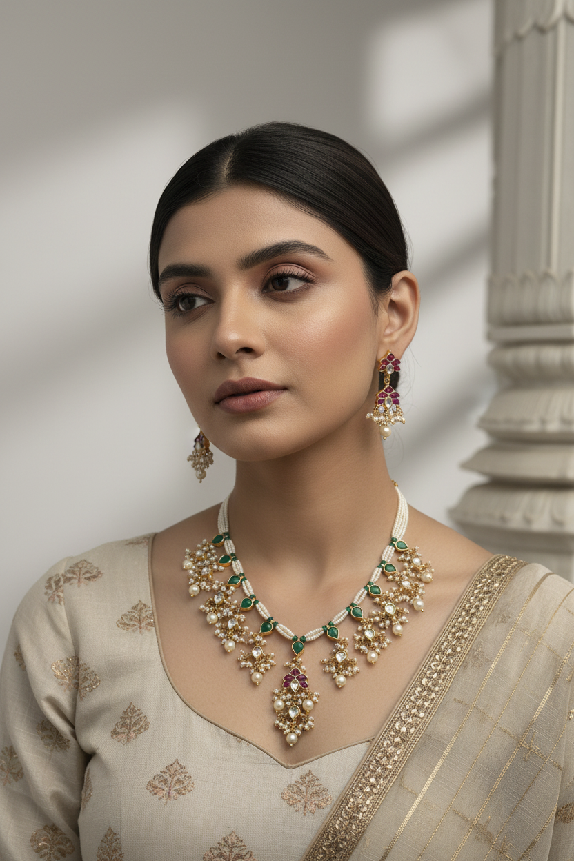 Woman wearing a necklace and earrings with a neutral background