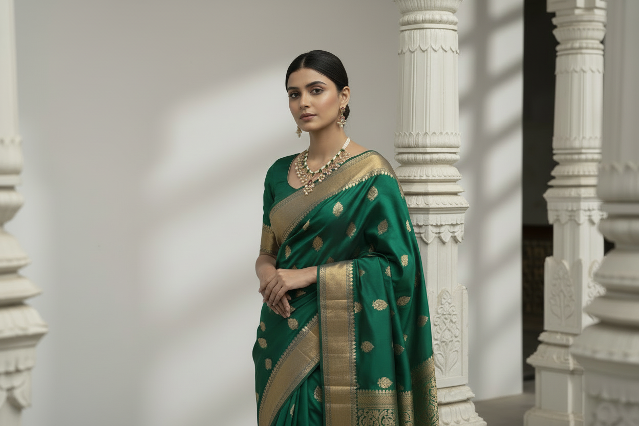 Woman in a green saree with gold details standing in a sunlit room with white columns.