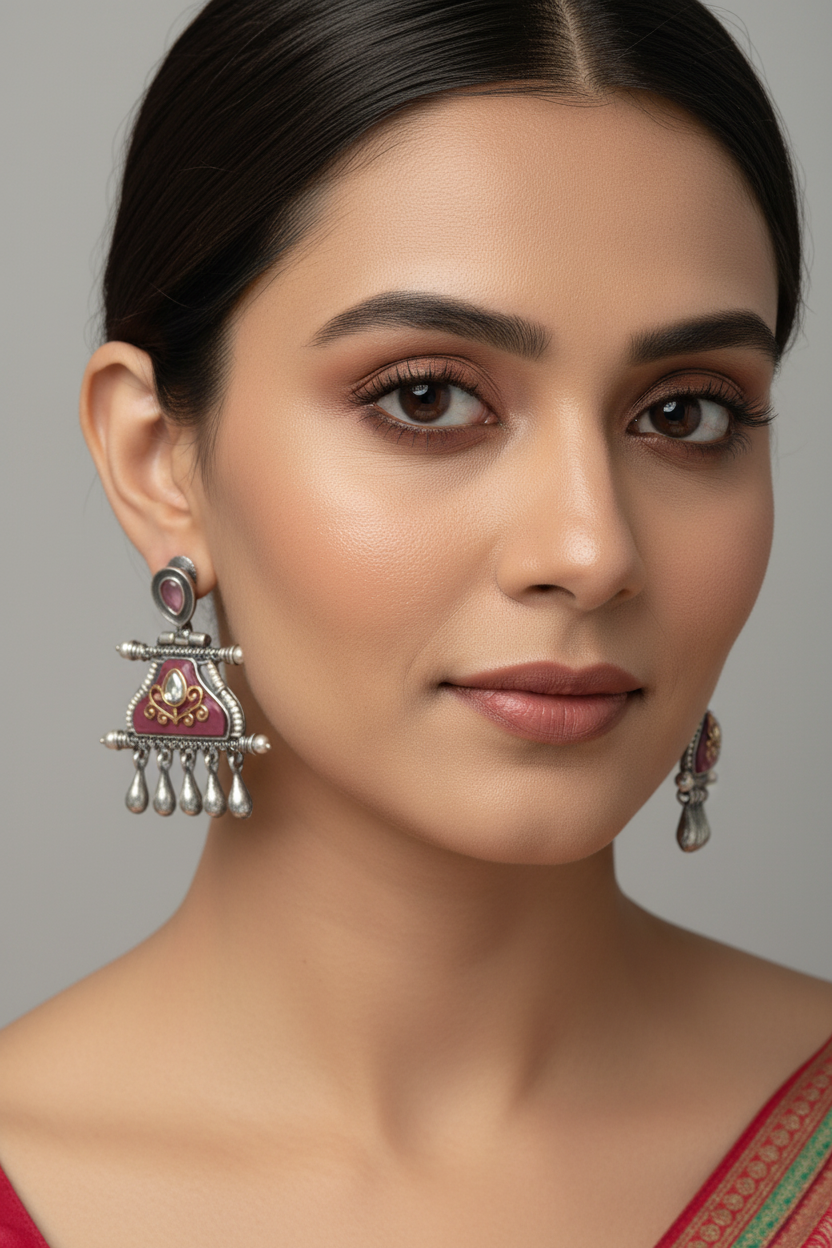 Mauve Temple Earrings with Pearl Fringe Antique Silver Kundan Chandbali
